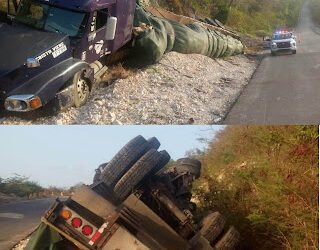 Patana cargada de abono se vuelca en el Derrumbao de San Rafael; chofer sale ileso