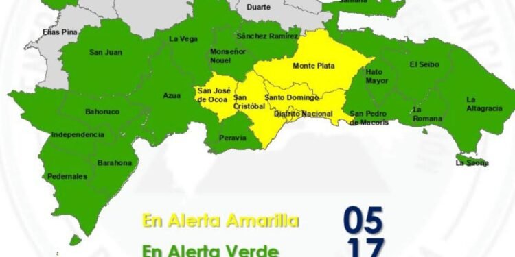 COE coloca cinco provincias en alerta amarilla y mantiene 17 en alerta verde por lluvias